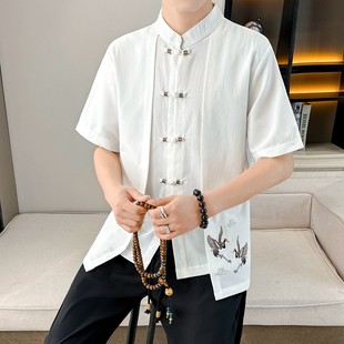夏季薄款短袖男士唐装休闲复古盘扣刺绣假两件衬衫新中式国风上衣
