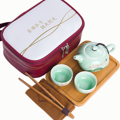 快客杯 旅行茶具套装一壶两杯 二杯便携陶瓷功夫茶壶 手绘青瓷套