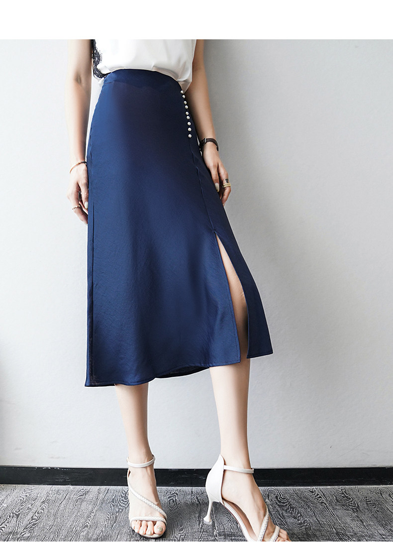 奢华缎面夏新款重磅仿真丝金色珍珠单排扣开叉中长款包臀半身裙