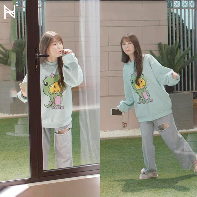 月光变奏曲初礼虞书欣同款浅绿色卡通印花休闲卫衣女宽松百搭上衣