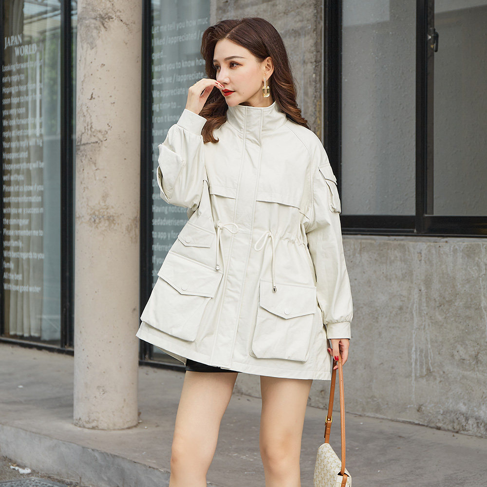 头层牛皮白色清爽帅气中长款真皮风衣大衣高端宽松大版号码新外套