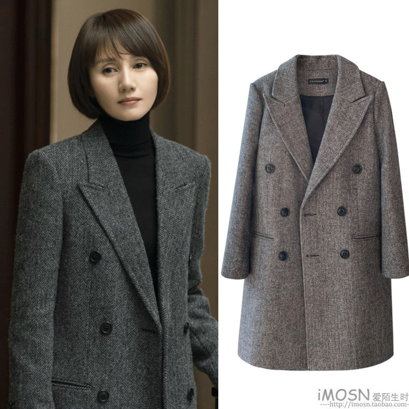 2022春秋冬女唐晶袁泉同款羊毛呢子大衣灰色人字纹高级感中长外套