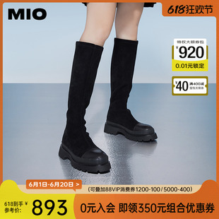 MIO米奥秋冬季长筒靴厚底圆头针织弹力靴潮流舒适增高骑士靴女