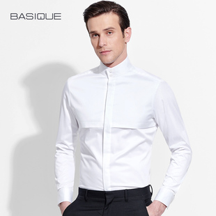 元本 中国风商务高立领衬衫男士长袖修身高级感拼接白色衬衣