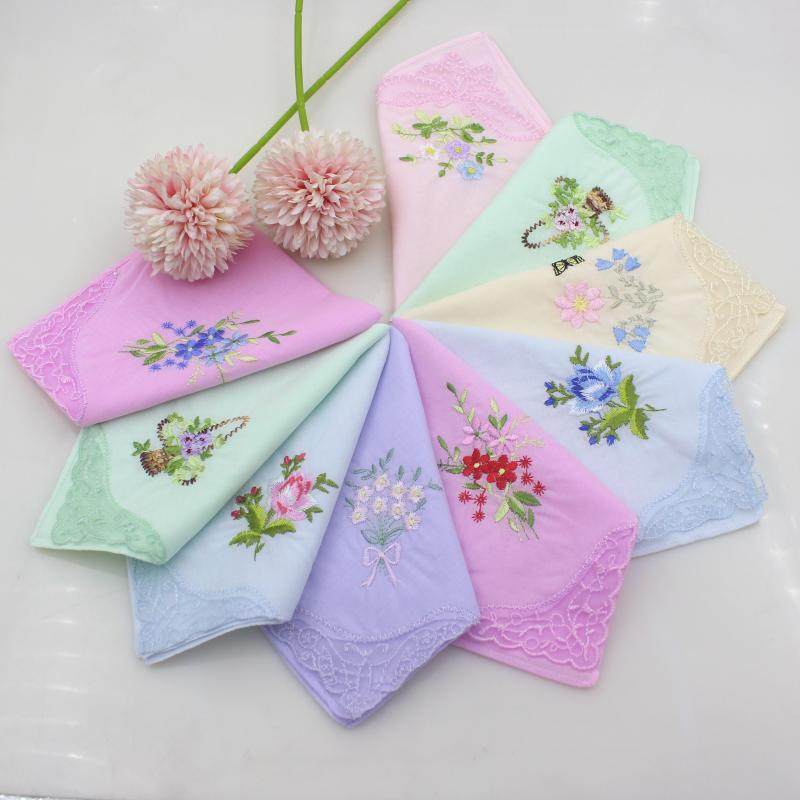 【买10送1】(3条装)女士纯棉刺绣手帕 全棉小尺寸蕾丝边手绢