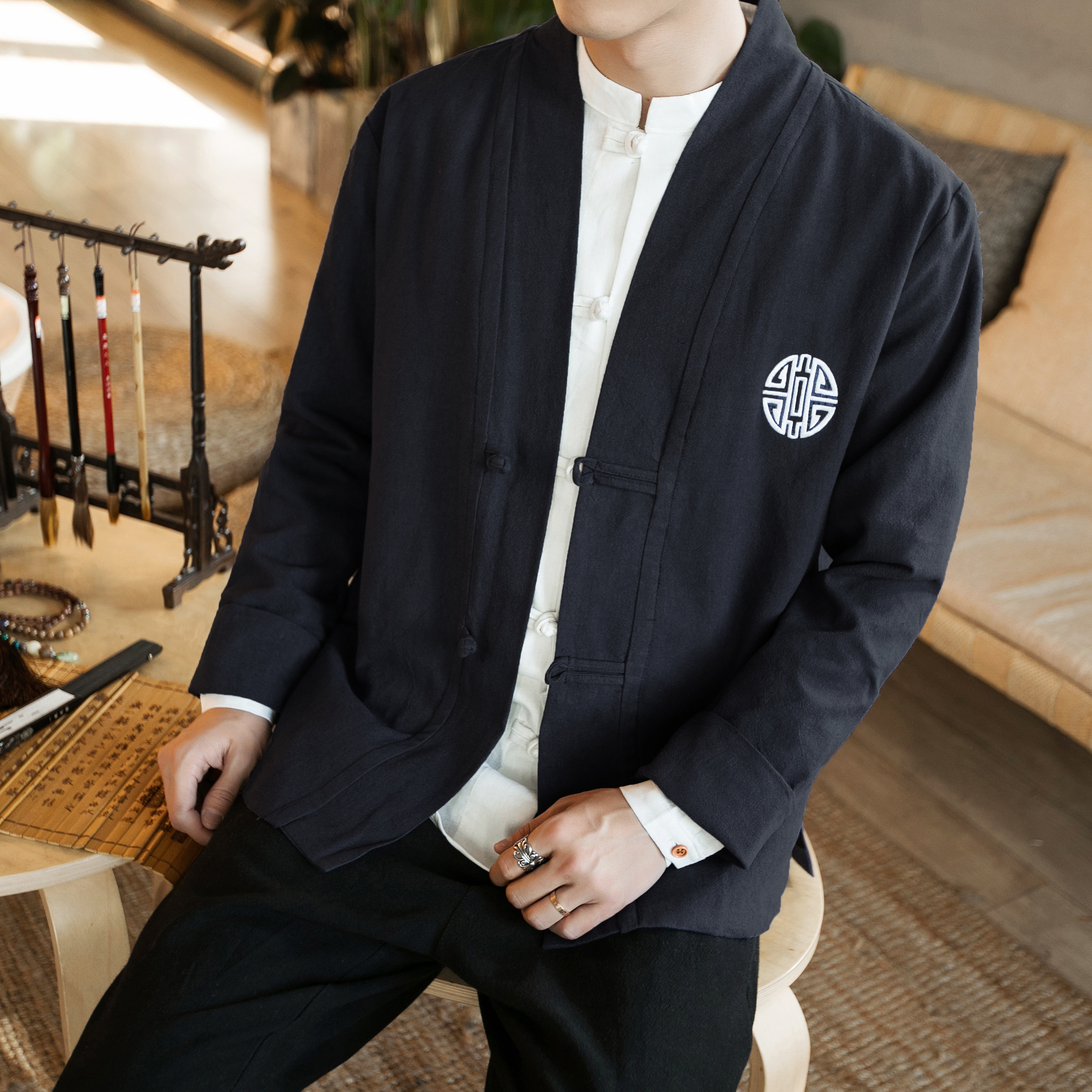 春装装新款休闲盘扣棉麻料大码夹克开衫外套男士唐装男 jk604 p95