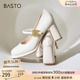 百思图2024春商场新款法式白色玛丽珍粗跟高跟鞋女单鞋M1011AQ4