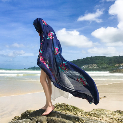 防晒披肩女夏中长款纱巾夏沙滩巾海边度假大围巾两用沙漠防沙裹巾