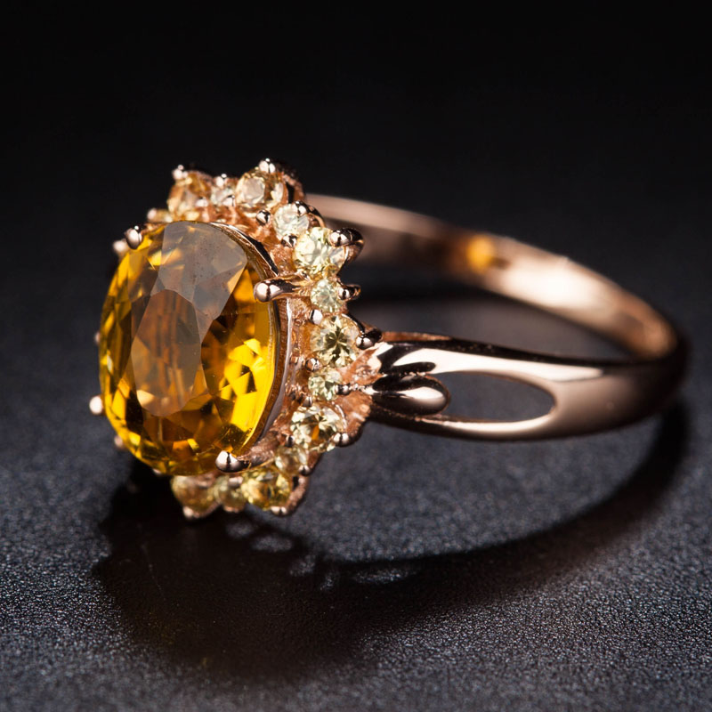 高贵奢华金黄色碧玺戒指 18k金伴镶黄色蓝宝石 晶体全净 收藏珍品