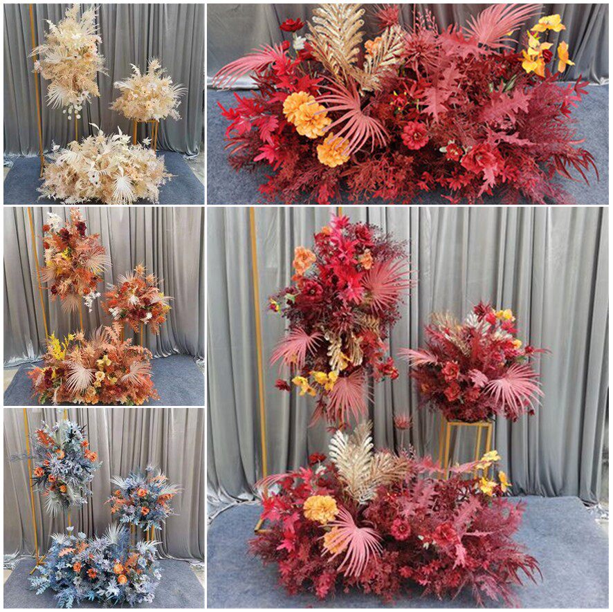 新款婚礼舞台花排牡丹地排花t台过道花艺婚庆布置罗马柱仿真花束