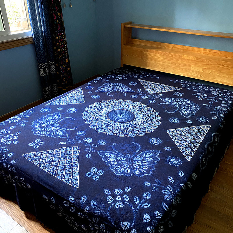大理白族手工特色古法扎染桌布挂布蓝染纯棉双人床单单件沙发布艺