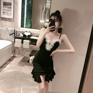 Real shot nightclub short Ruffle hem buttocks slim fit waist low chest off shoulder nightclub suspender dress