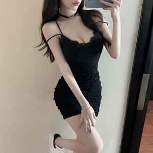 Real shooting sexy lace edge stitched cotton tight hip strap dress