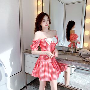 Open waist Plaid short sleeve large swing two piece set