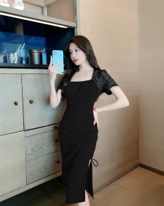 Real shot round neck pleat thin sexy side slit irregular Hip Wrap short sleeve Hip Wrap Dress