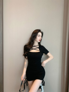 Real shooting new sexy careful machine design sense hollow square neck pleated buttock dress