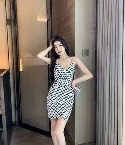 New sexy thousand bird lattice suspender cross V-neck slim irregular waist bag hip dress