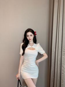 Real shot night club sexy elastic slim wrap hip skirt bottomed skirt short sleeved tight dress