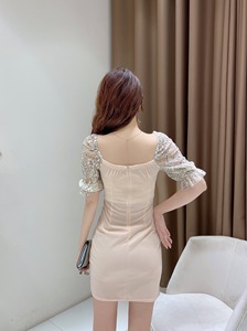 V-neck low cut slim irregular lace patchwork buttocks up dress