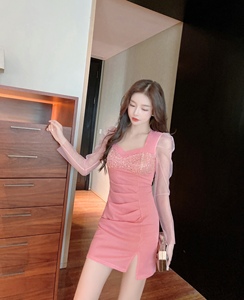 Real shooting French splicing early autumn women's sexy a-word dress sub autumn and winter bottom dress