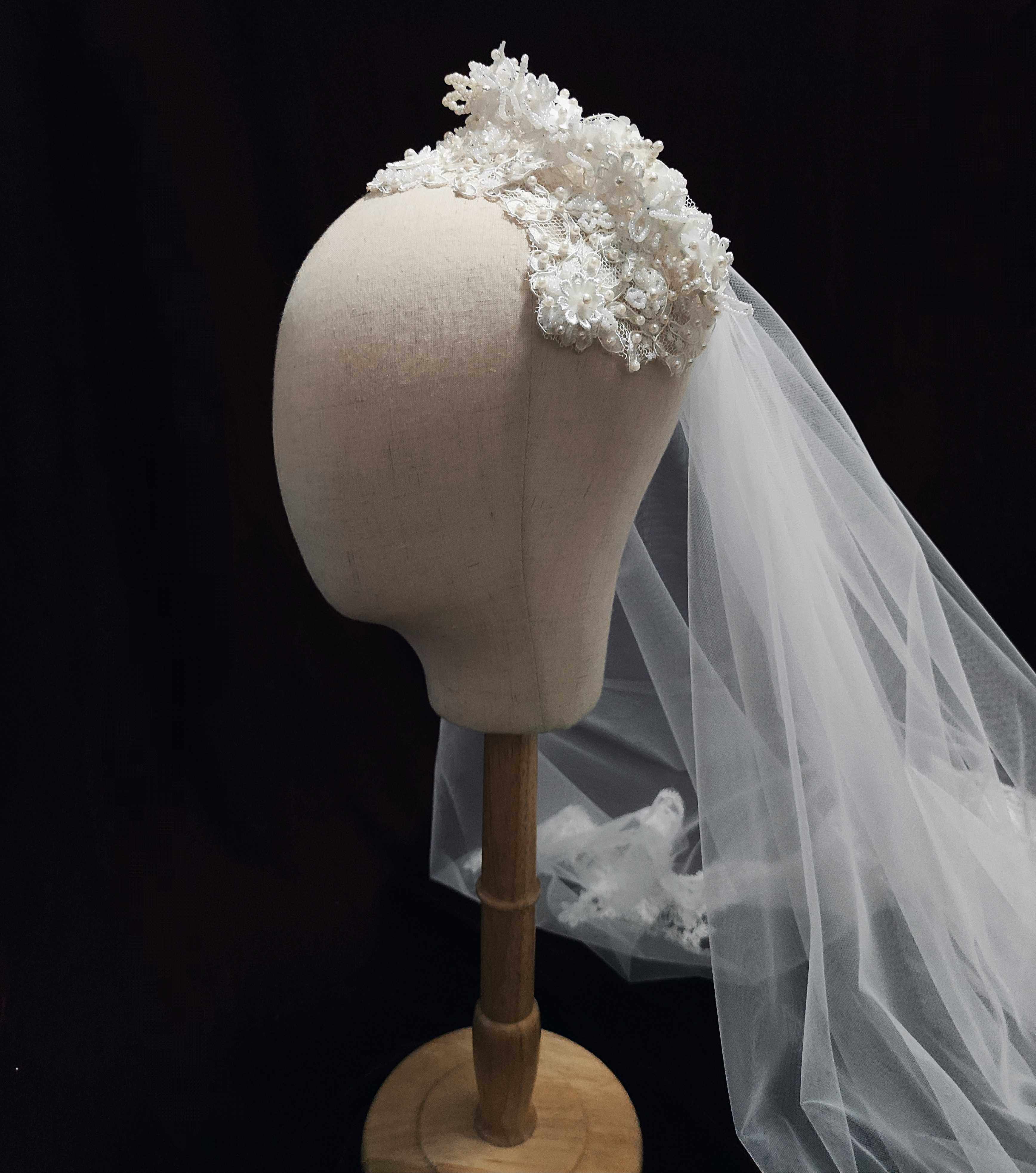 定制复古蕾丝帽子头纱重工珠绣遮面双层头纱王妃同款短款蕾丝头纱