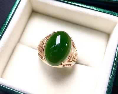 天然新疆和田玉镶嵌18k金戒指男金镶玉扳指霸气送老公爸爸老丈人