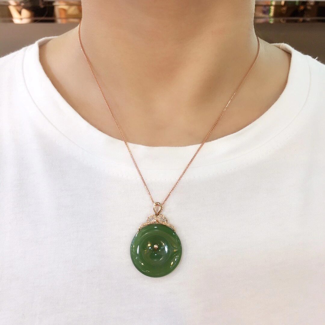 中秋节礼品 和田玉吊坠碧玉平安扣镶嵌18k金项链金镶玉挂件送妈妈