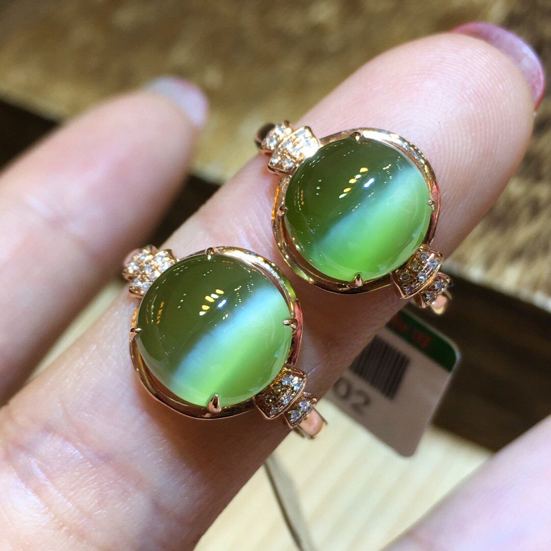 情人节礼物天然和田碧玉猫眼镶18k金戒指翡翠色玉石指环送老婆礼