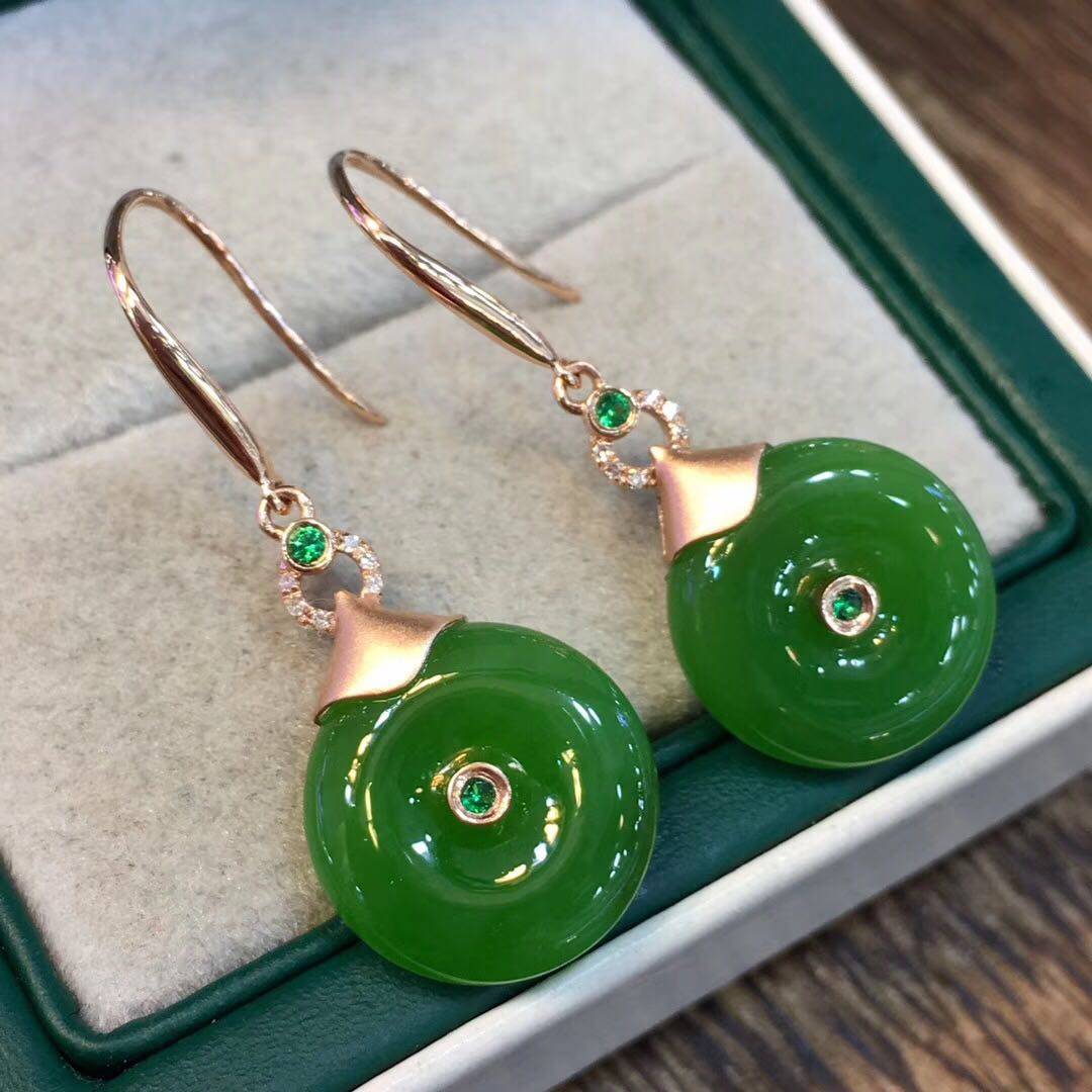 玉为阁专柜促销天然和田玉平安扣镶18k金耳环阳绿碧玉耳坠送妈妈