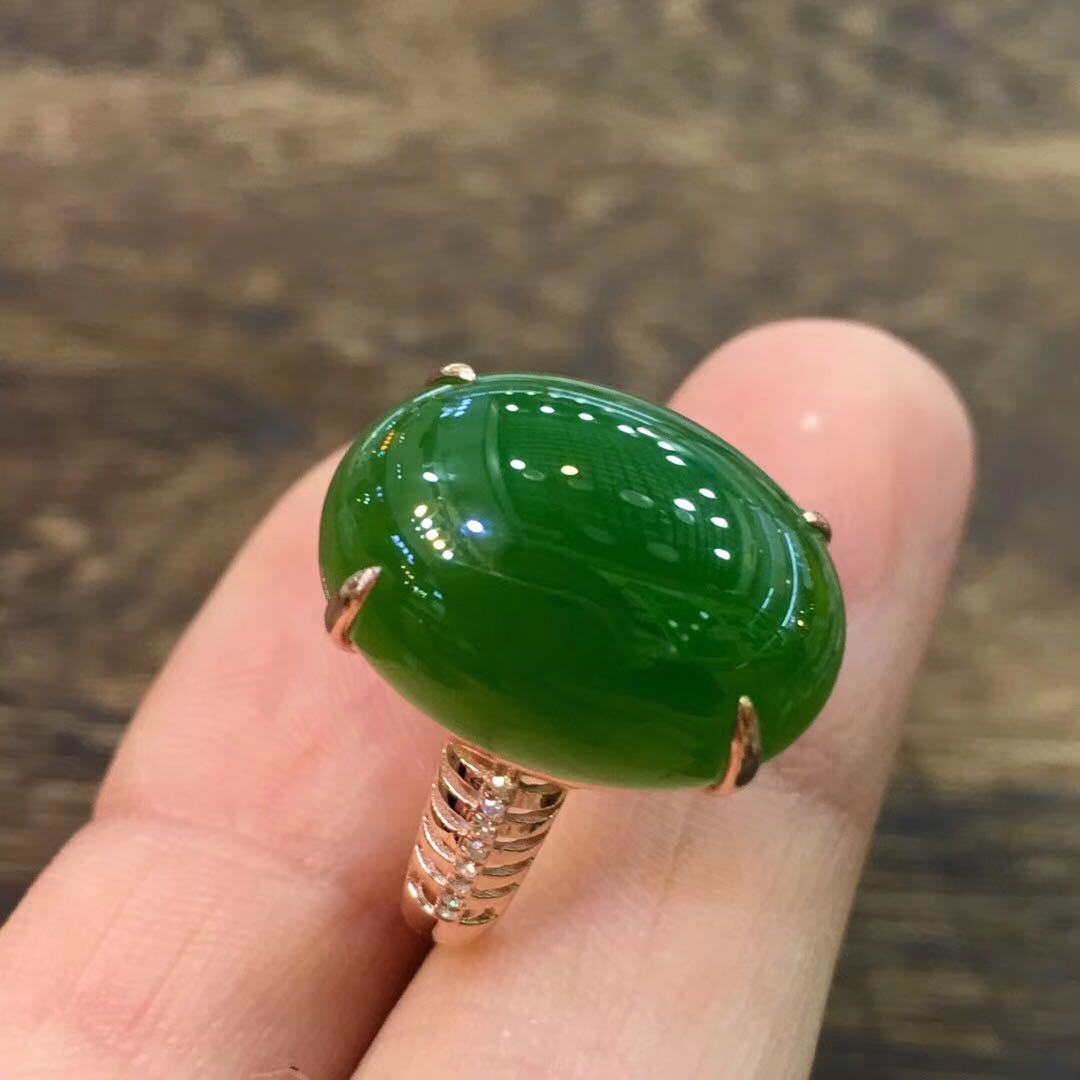 情人节礼物天然和田玉镶18k金戒指女菠菜绿戒指女送女友老婆妈妈