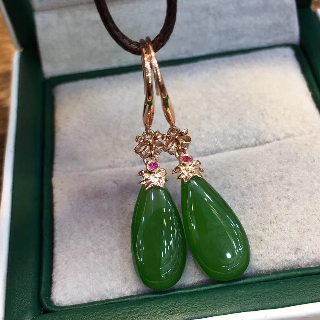 国庆节礼物天然新疆和田玉水滴镶18k金耳坠碧玉耳环送妈妈生日