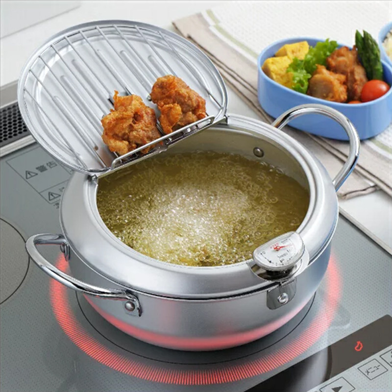 日本进口吉川有盖子天妇罗炸锅家用不粘锅燃气电磁炉通用带温度计