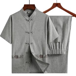 2024夏季新款中老年亚麻短袖衬衫唐装男士薄款中国风新中式两件套