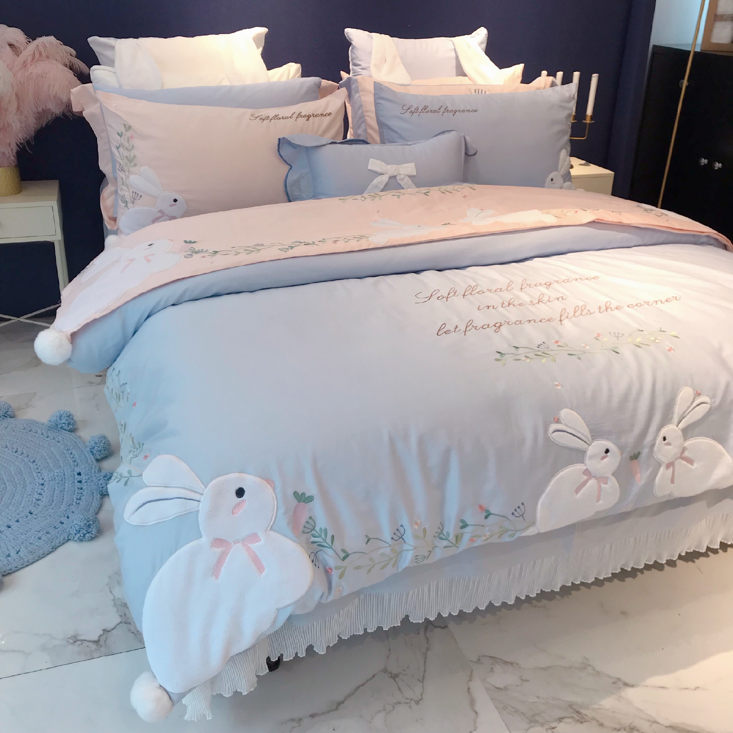 60支长绒棉刺绣四件套可爱兔子卡通全棉床单纯棉被套少女心公主风