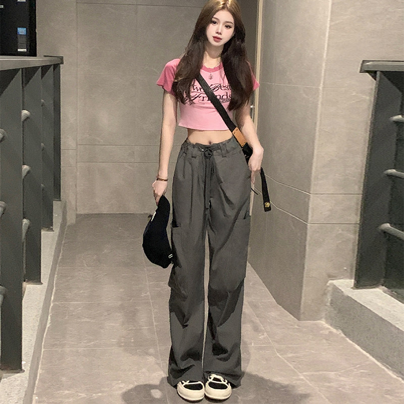窄版灰色工装阔腿裤女夏季垂感矮个子宽松直筒运动长裤休闲裤 原价159
