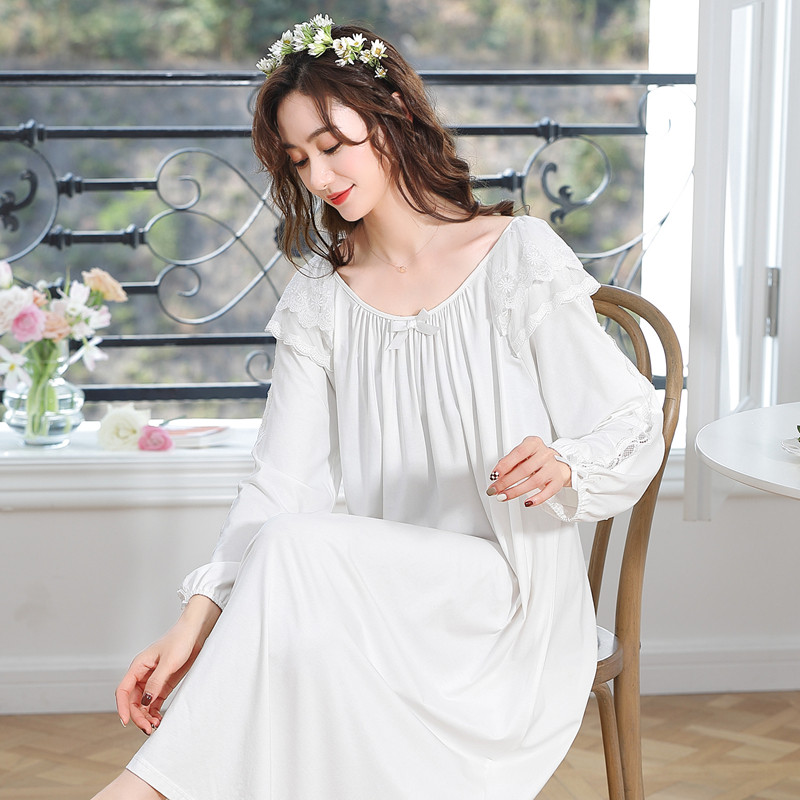 金黛儿睡裙女春秋纯棉薄款长袖中长裙简约甜美风宽松家居裙子全棉