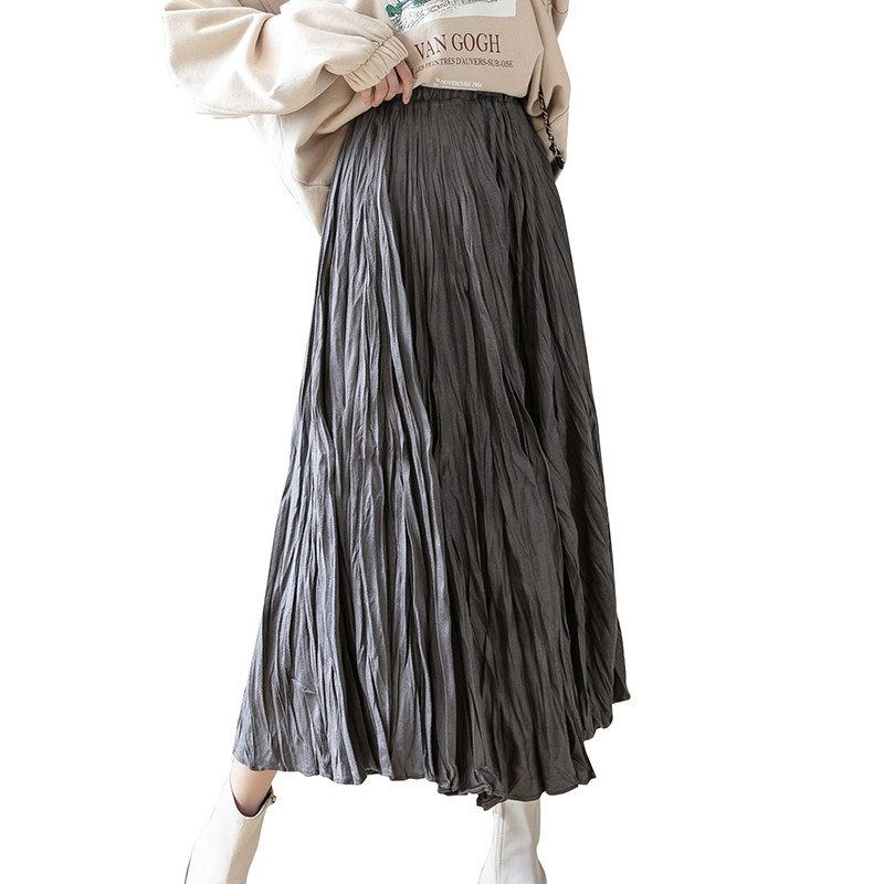 实拍2020新款褶皱丝绒半身裙女中长款高腰显瘦a字大摆长裙