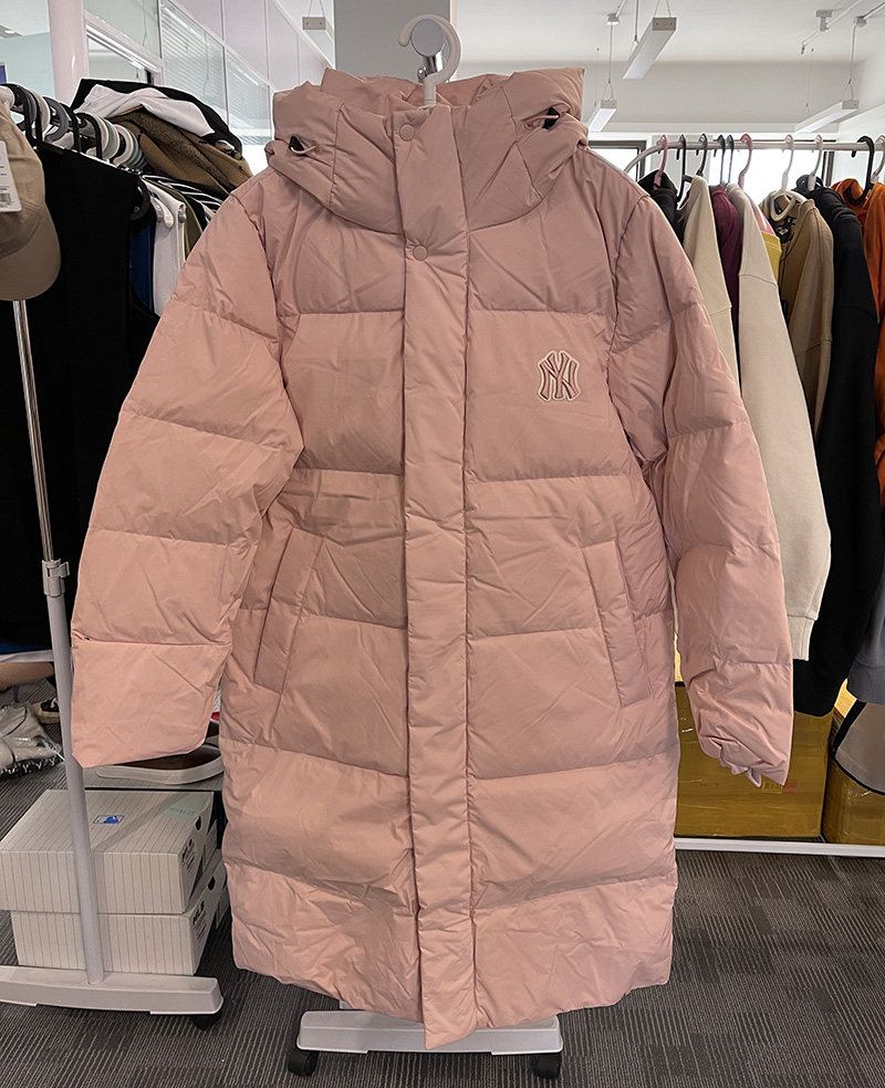 韩国正品mlb女粉红色中长款运动羽绒服ny洋基队外套
