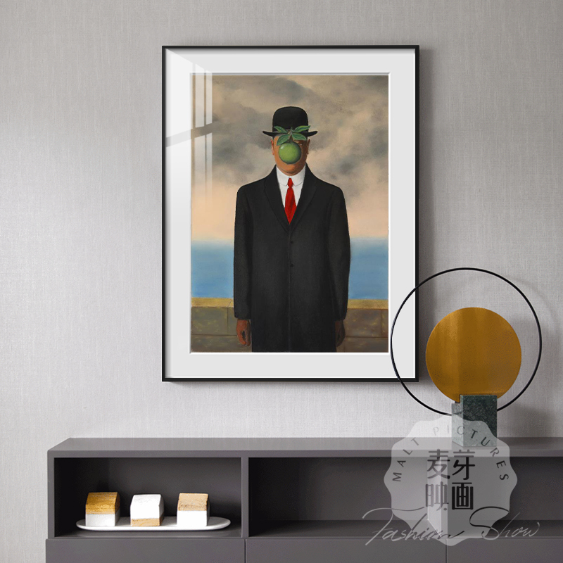 马格里特装饰画利特超现实戴黑帽的男人烟斗Magritte玛格丽特挂画