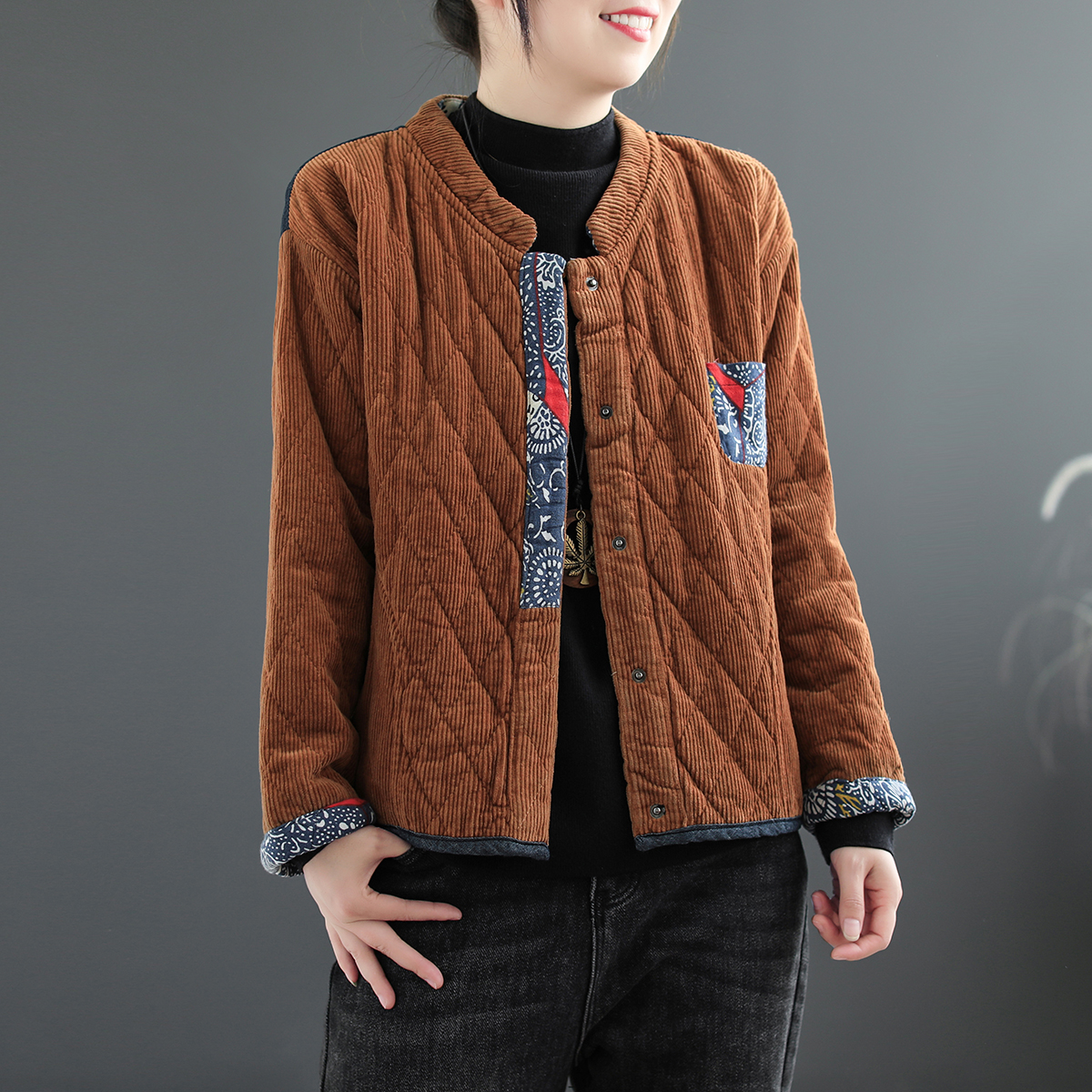 冬季灯芯绒棉衣女装菱形格夹棉显瘦棉服立领贴布拼色棉袄加厚外套