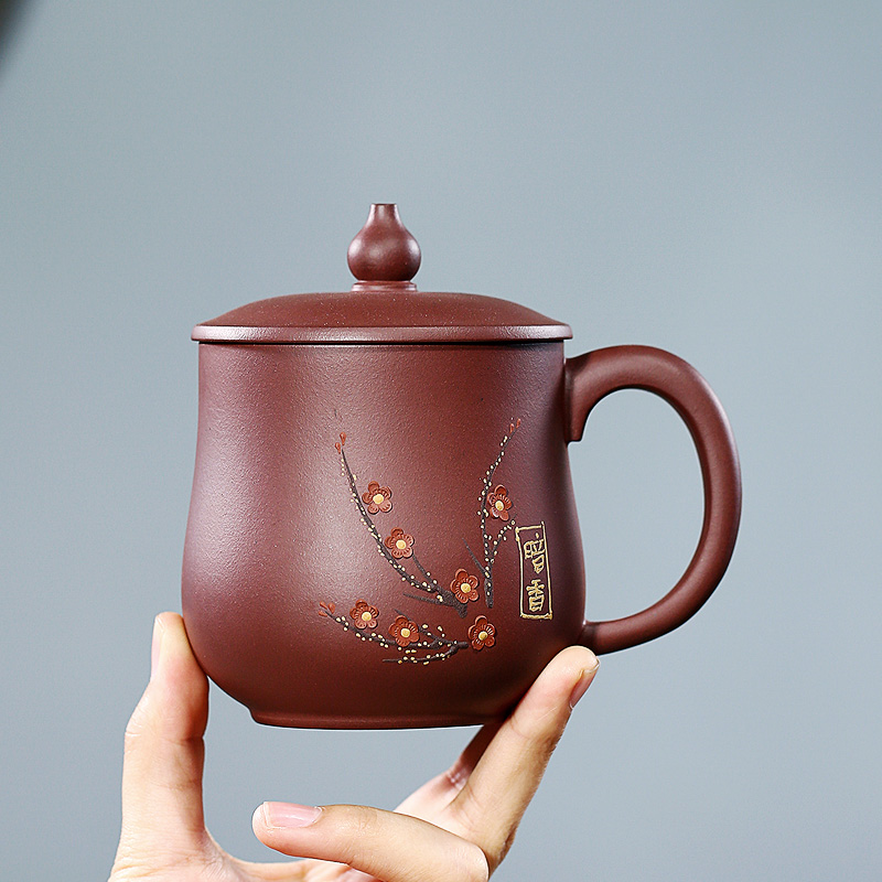 宜兴原矿紫砂杯纯手工带盖泡茶杯泥绘
