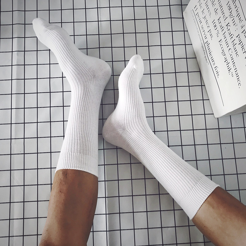 长筒高腰竖条纹理棉质透气男款士白3双组合性感韩系白袜子潮街拍