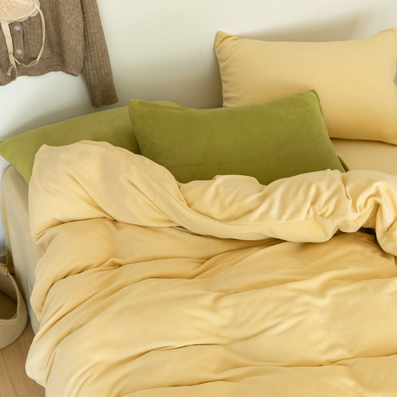 奶油黄色牛奶绒四件套双面珊瑚绒保暖被套床单 ins少女心纯色冬季