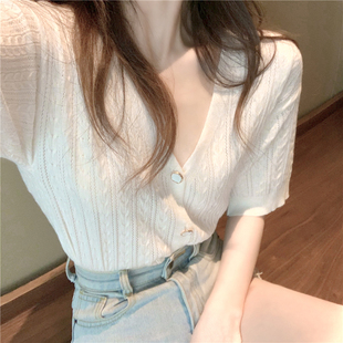 夏季韩版外搭开衫薄款修身显瘦V领冰丝针织衫上衣短袖短款t恤女潮