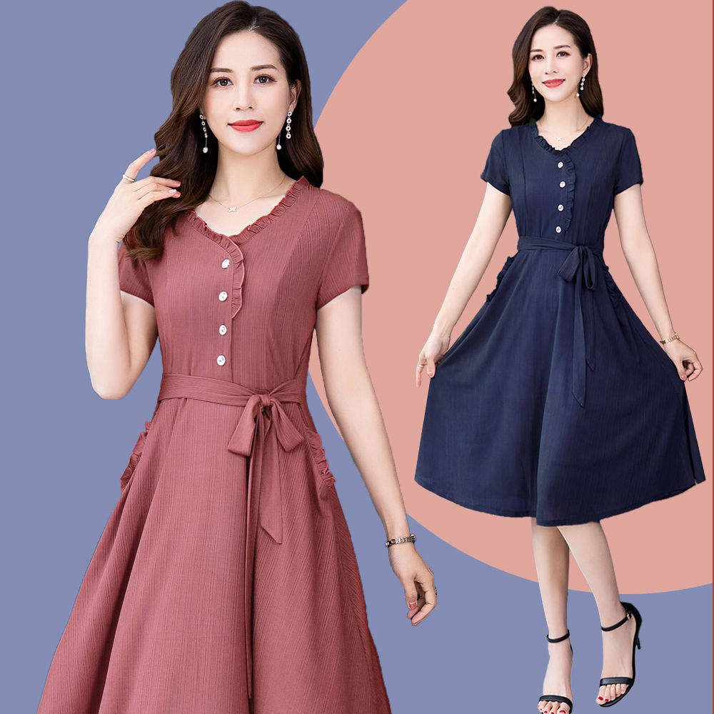 洋气妈妈装连衣裙中年女装夏装显瘦遮肚子大码中老年裙子短袖夏季