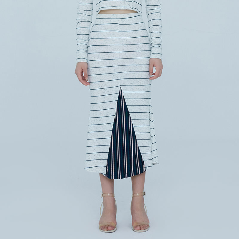 BABYGHOST原创设计师女装条纹色织弹力拼接鱼尾长裙修身半身裙