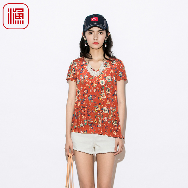 渔牌女装真丝短袖2021新款弹力印花v领a型衬衫非对称设计ffnb2223