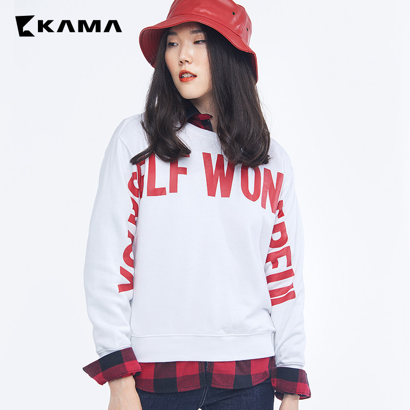 kama女装 卡玛秋季字母针织宽松长袖休闲打底衫卫衣服外套7317653