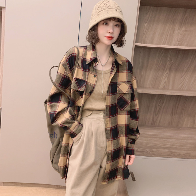 卡其色磨毛格子衬衫女欧洲站早秋2022新款欧货女装时尚洋气上衣潮