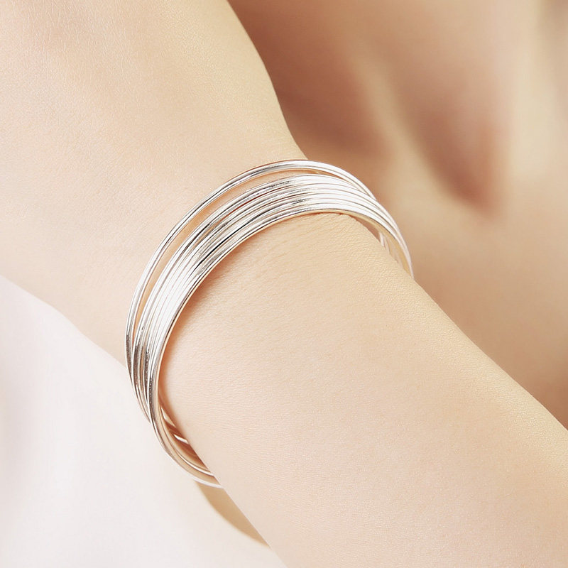 细圈多环银手镯女纯银年轻款手饰满天星9999足银三环五个实心银饰